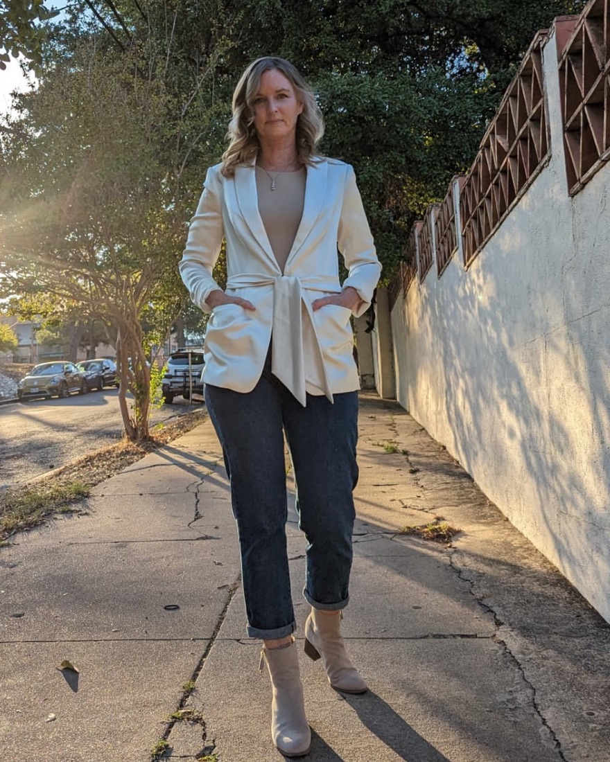 Heather MacLaren walking down a sunny Austin street